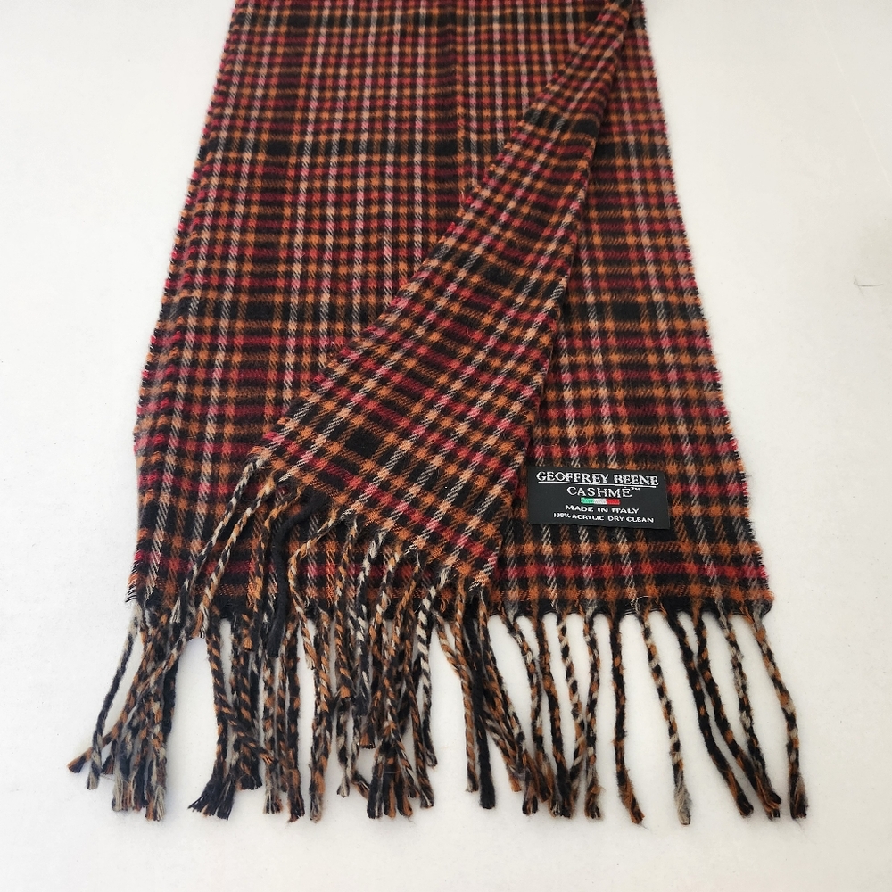 Geoffrey Beene Orange Black Red White Plaid Scarf ~ Italy